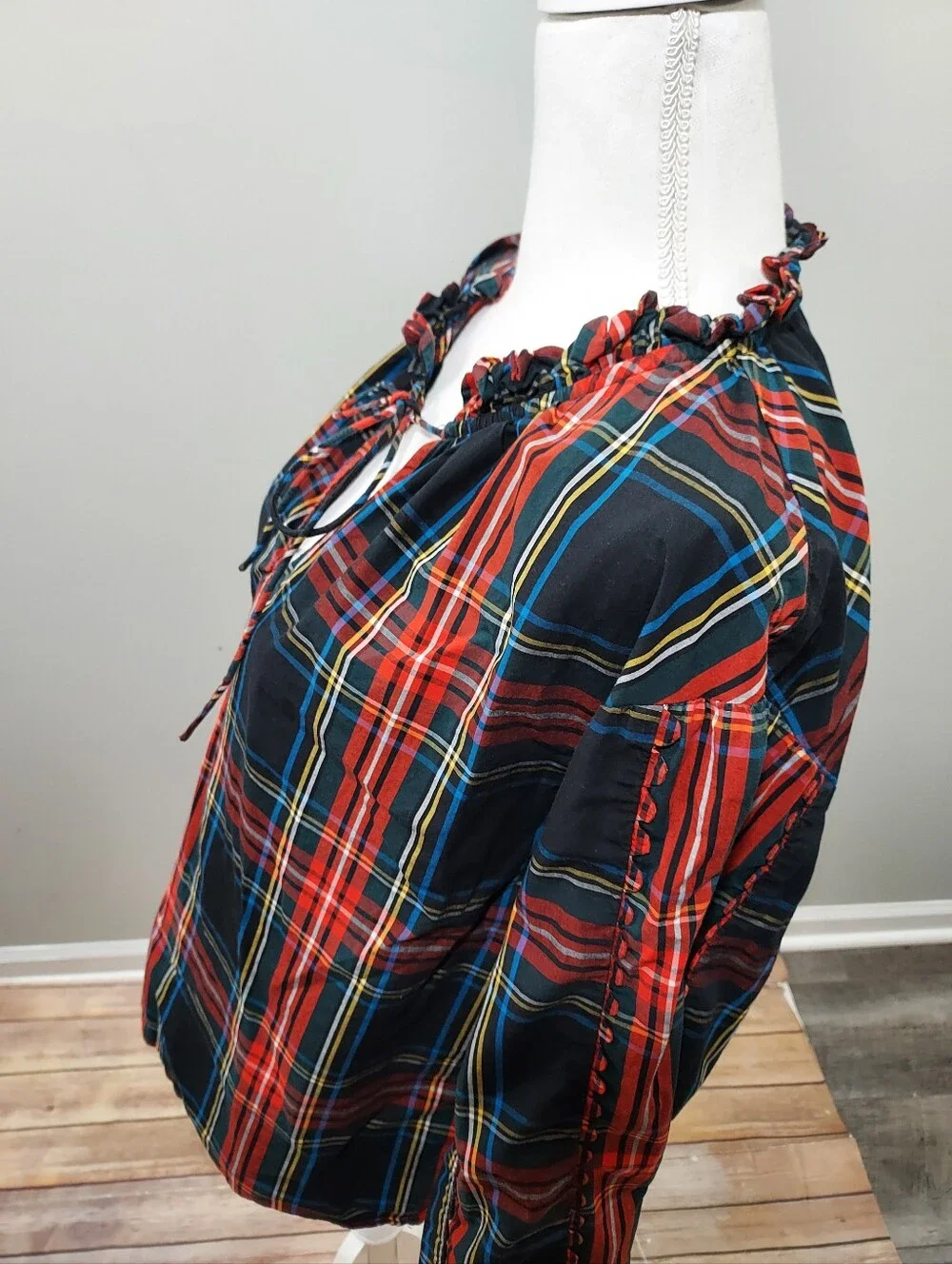 J. Crew Scalloped Tartan Plaid Tie-Neck Blouse M